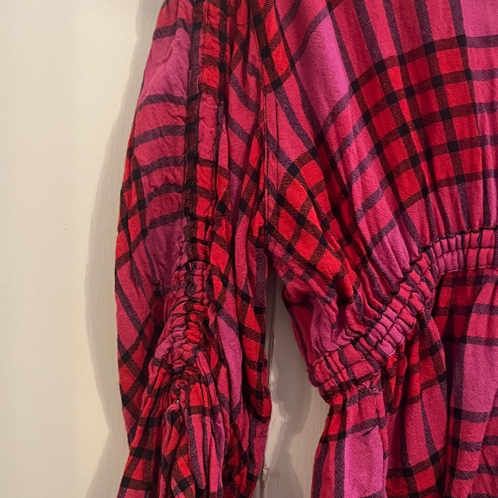 FP We The Free Pacific Dawn Drawstring Plaid Shirt Red Pink Black Button Down - Picture 8 of 10